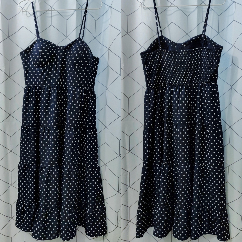 Navy Blue Polka Dot Bustier Button Down Layered Midi Dress - Women's Large